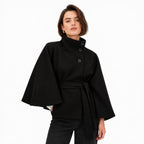 Women's Funnel Neck Cape Jacket Button Front Belted Relaxed Fit