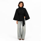 Women's Funnel Neck Cape Jacket Button Front Belted Relaxed Fit