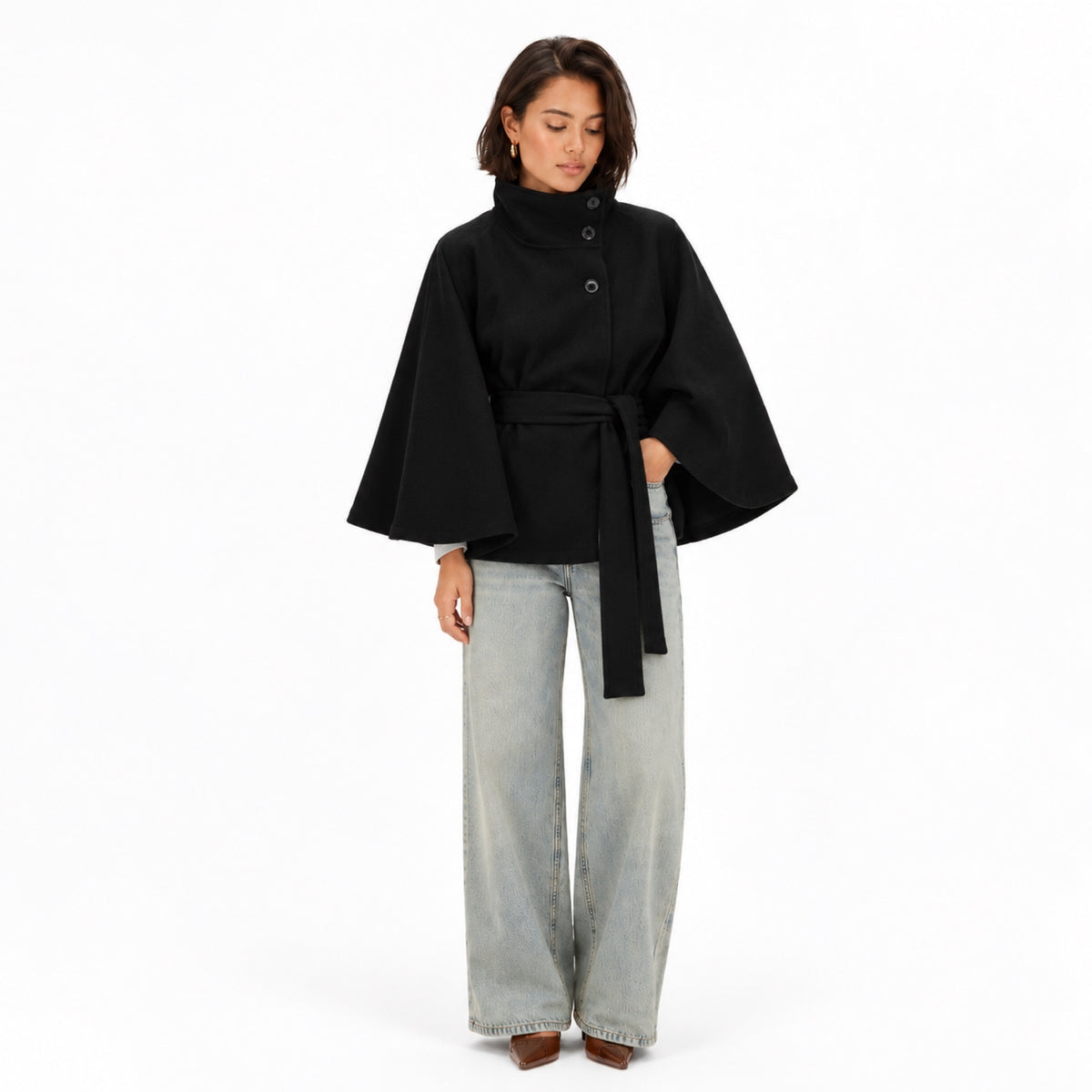 Women's Funnel Neck Cape Jacket Button Front Belted Relaxed Fit