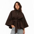 Women's Funnel Neck Cape Jacket Button Front Belted Relaxed Fit