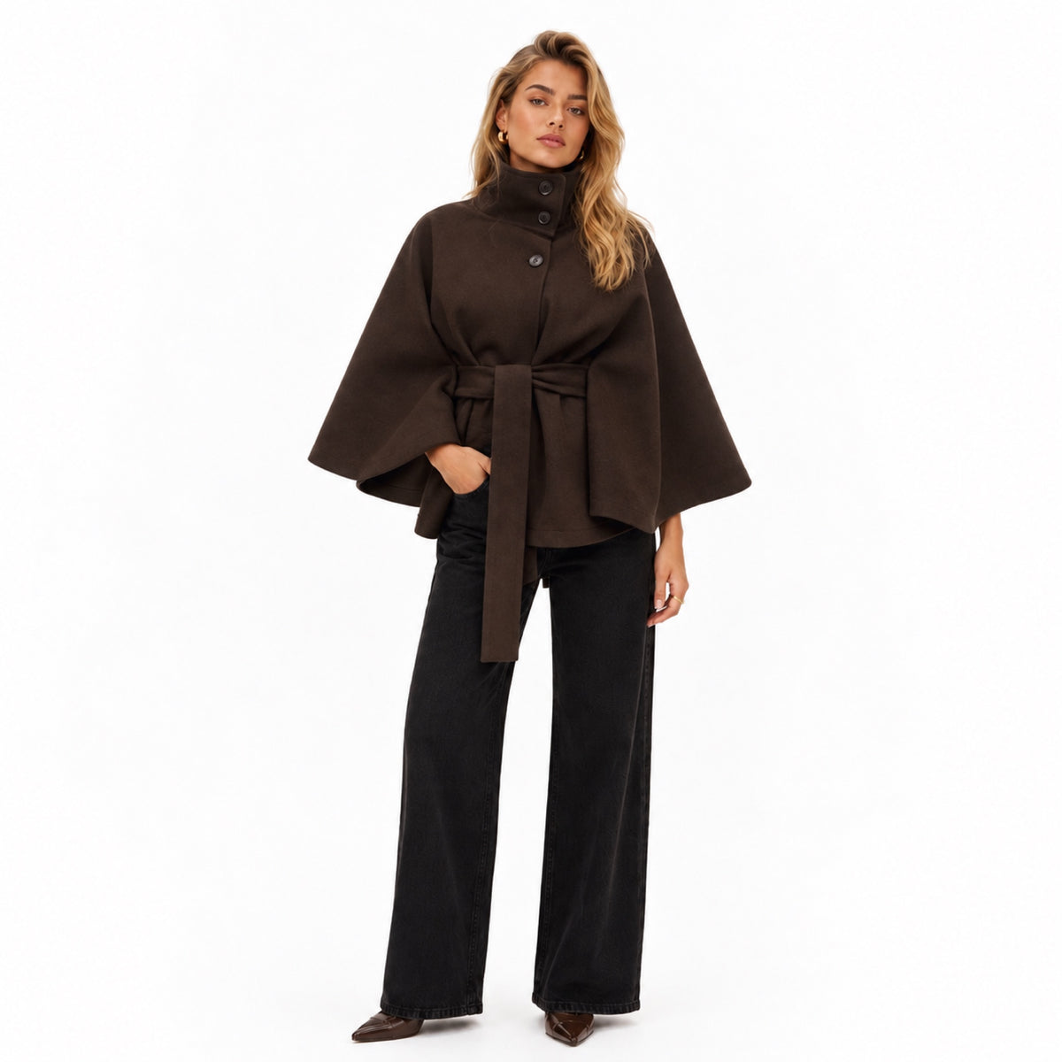 Women's Funnel Neck Cape Jacket Button Front Belted Relaxed Fit