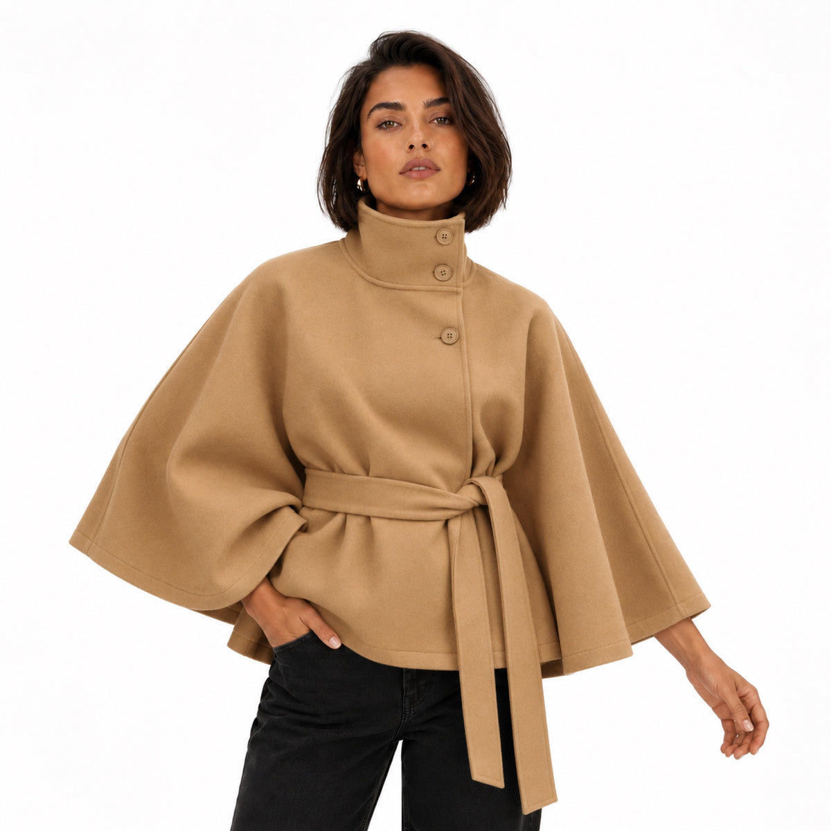 Women's Funnel Neck Cape Jacket Button Front Belted Relaxed Fit