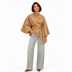 Women's Funnel Neck Cape Jacket Button Front Belted Relaxed Fit