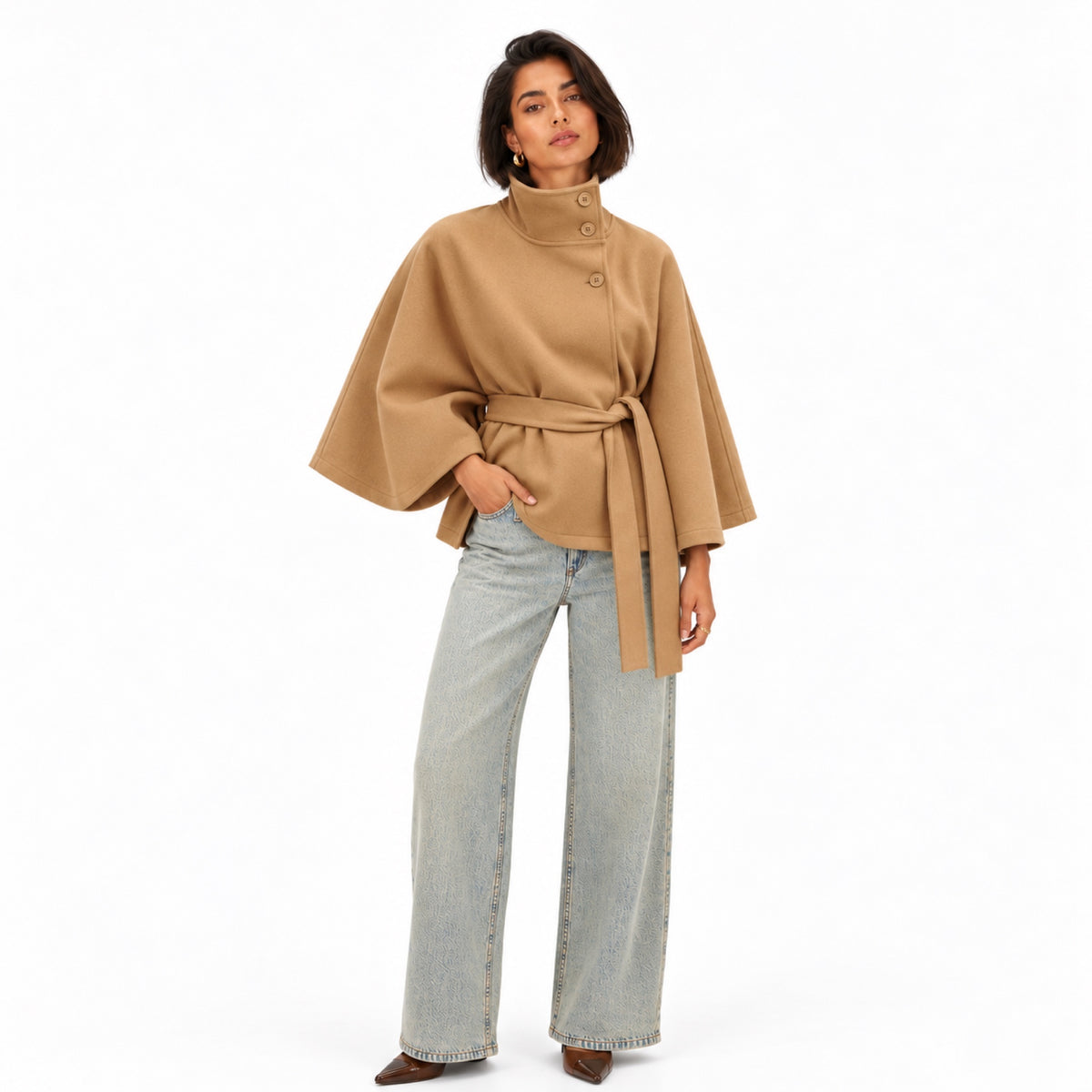 Women's Funnel Neck Cape Jacket Button Front Belted Relaxed Fit