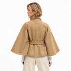 Women's Funnel Neck Cape Jacket Button Front Belted Relaxed Fit