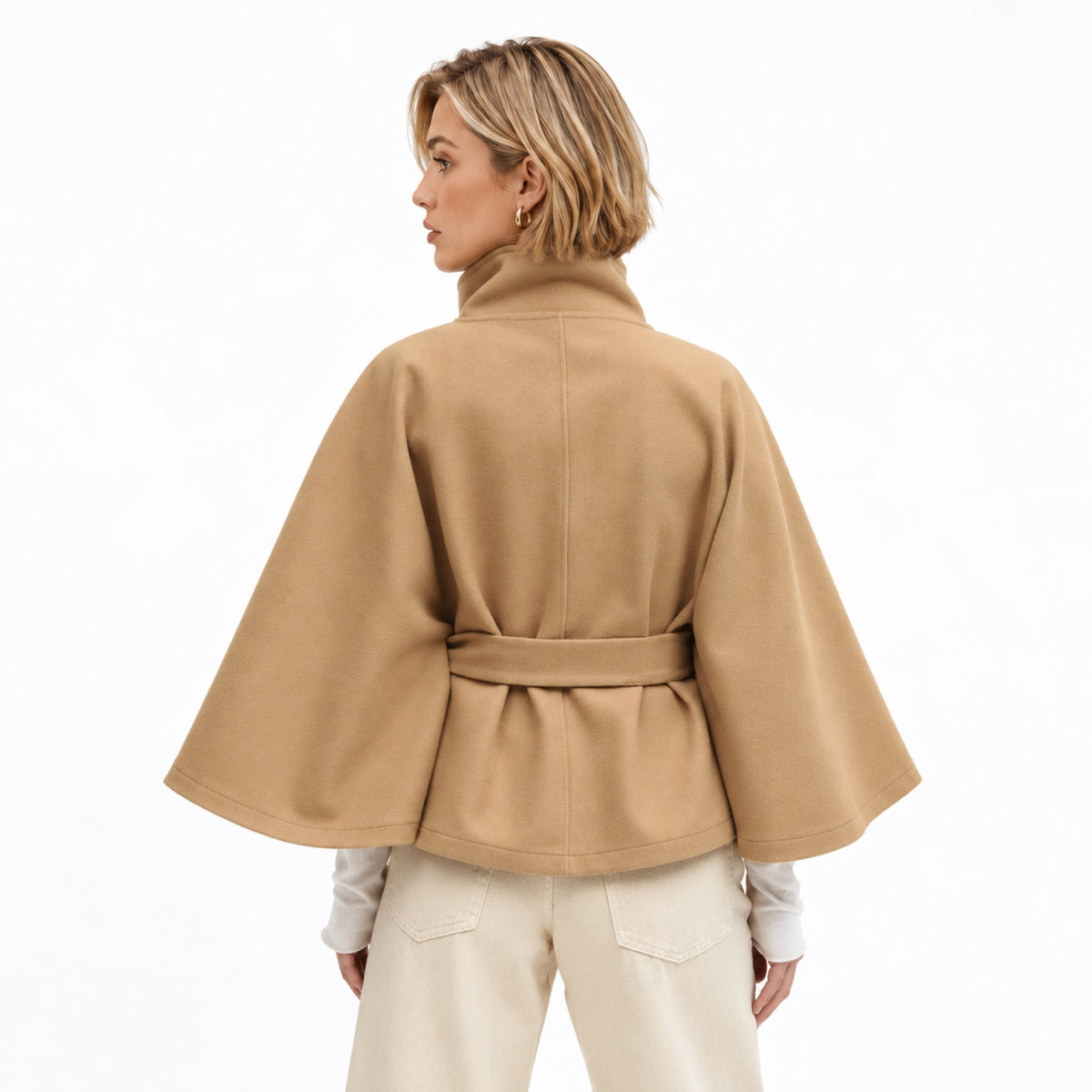Women's Funnel Neck Cape Jacket Button Front Belted Relaxed Fit