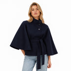 Women's Funnel Neck Cape Jacket Button Front Belted Relaxed Fit