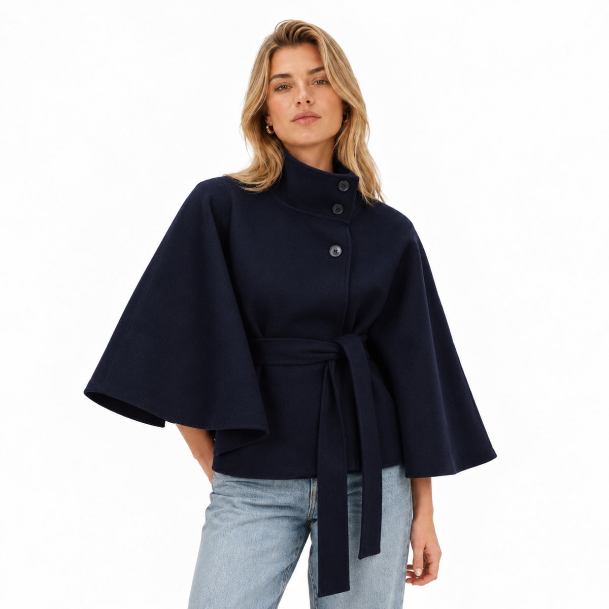 Women's Funnel Neck Cape Jacket Button Front Belted Relaxed Fit