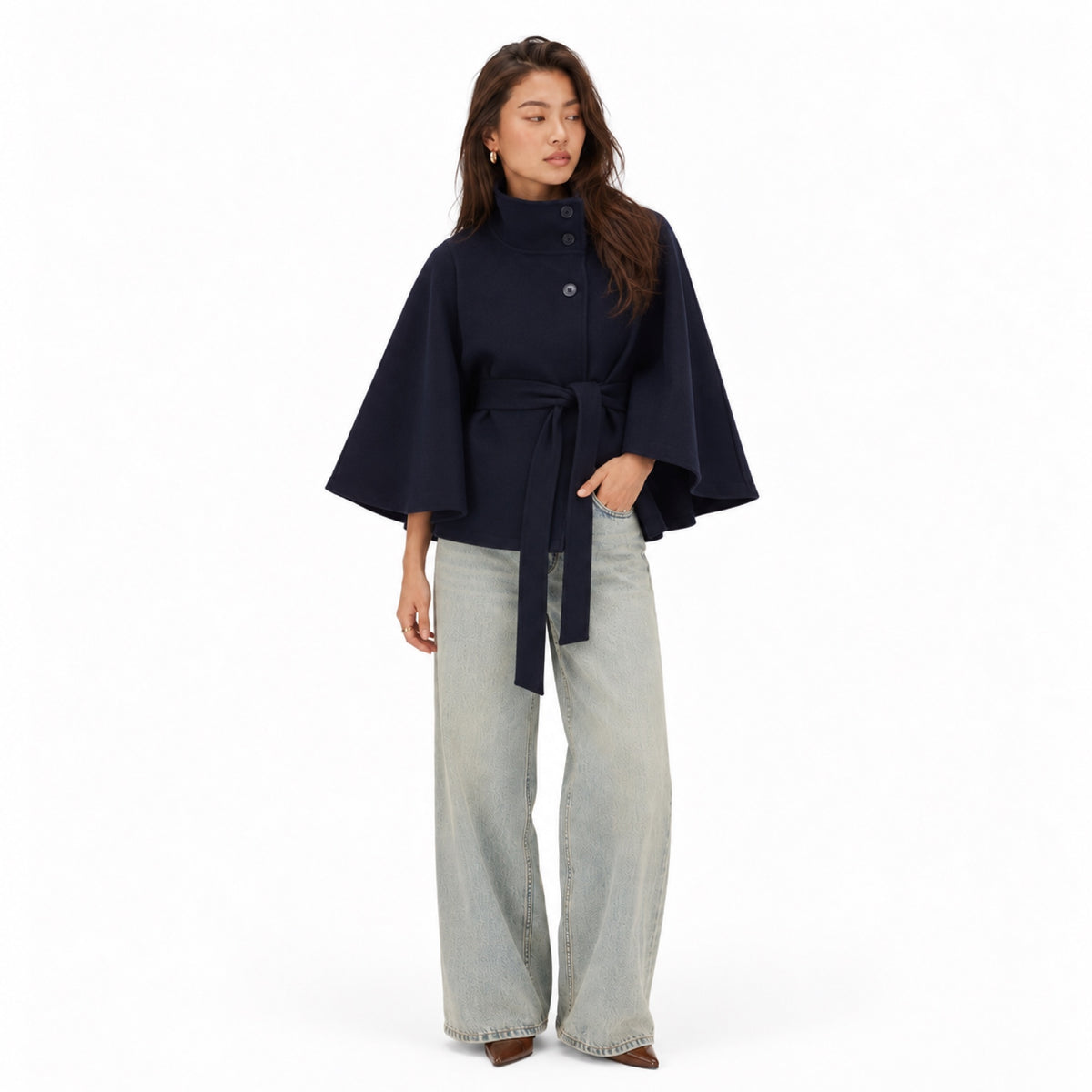 Women's Funnel Neck Cape Jacket Button Front Belted Relaxed Fit