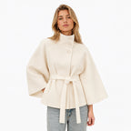 Women's Funnel Neck Cape Jacket Button Front Belted Relaxed Fit