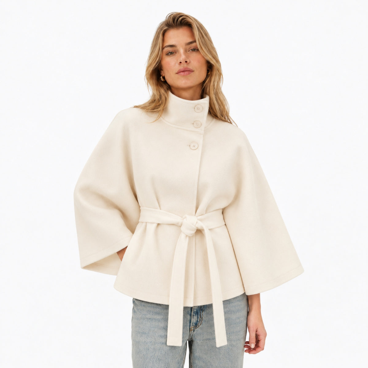 Women's Funnel Neck Cape Jacket Button Front Belted Relaxed Fit