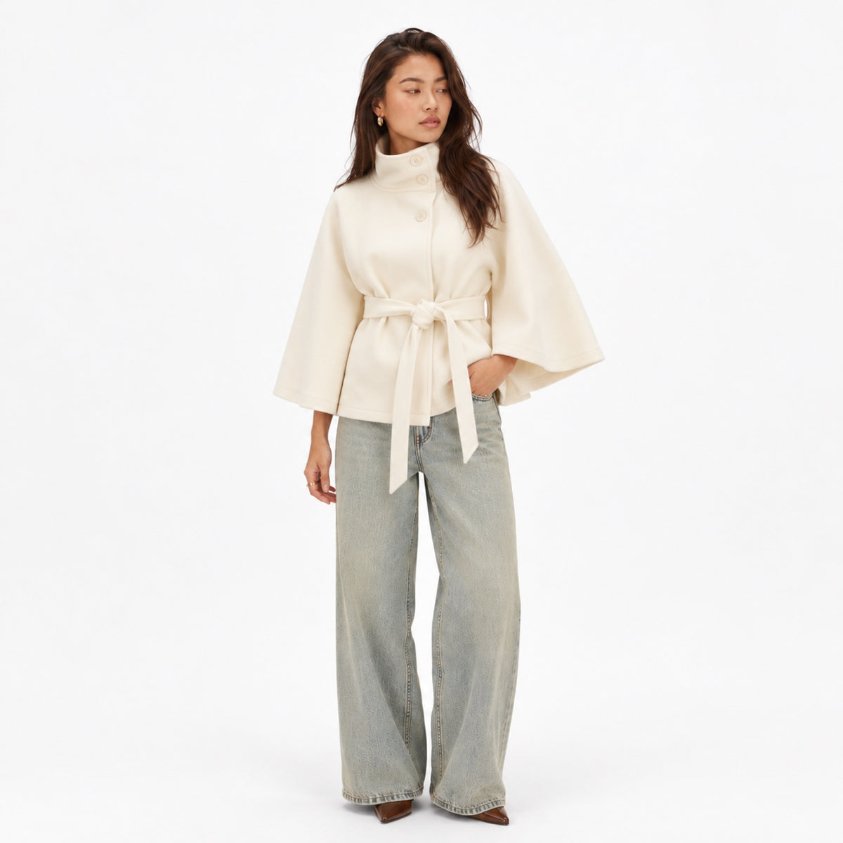 Women's Funnel Neck Cape Jacket Button Front Belted Relaxed Fit