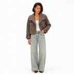 Women's Checked Cropped Jacket Wide Collar Relaxed Fit