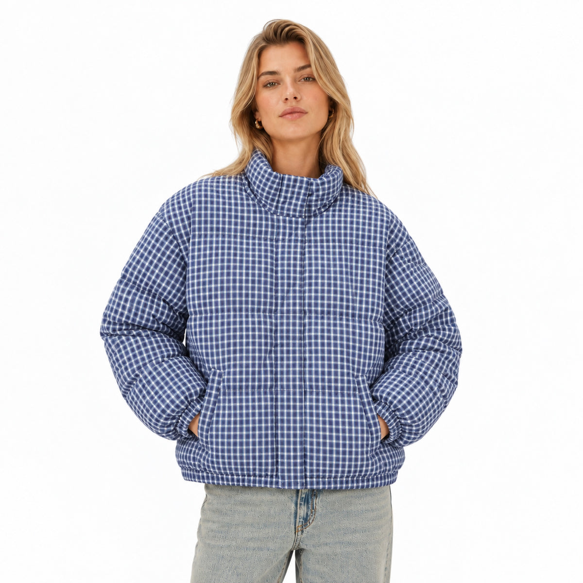 Women's Checked Padded Jacket Funnel Neck Relaxed Fit