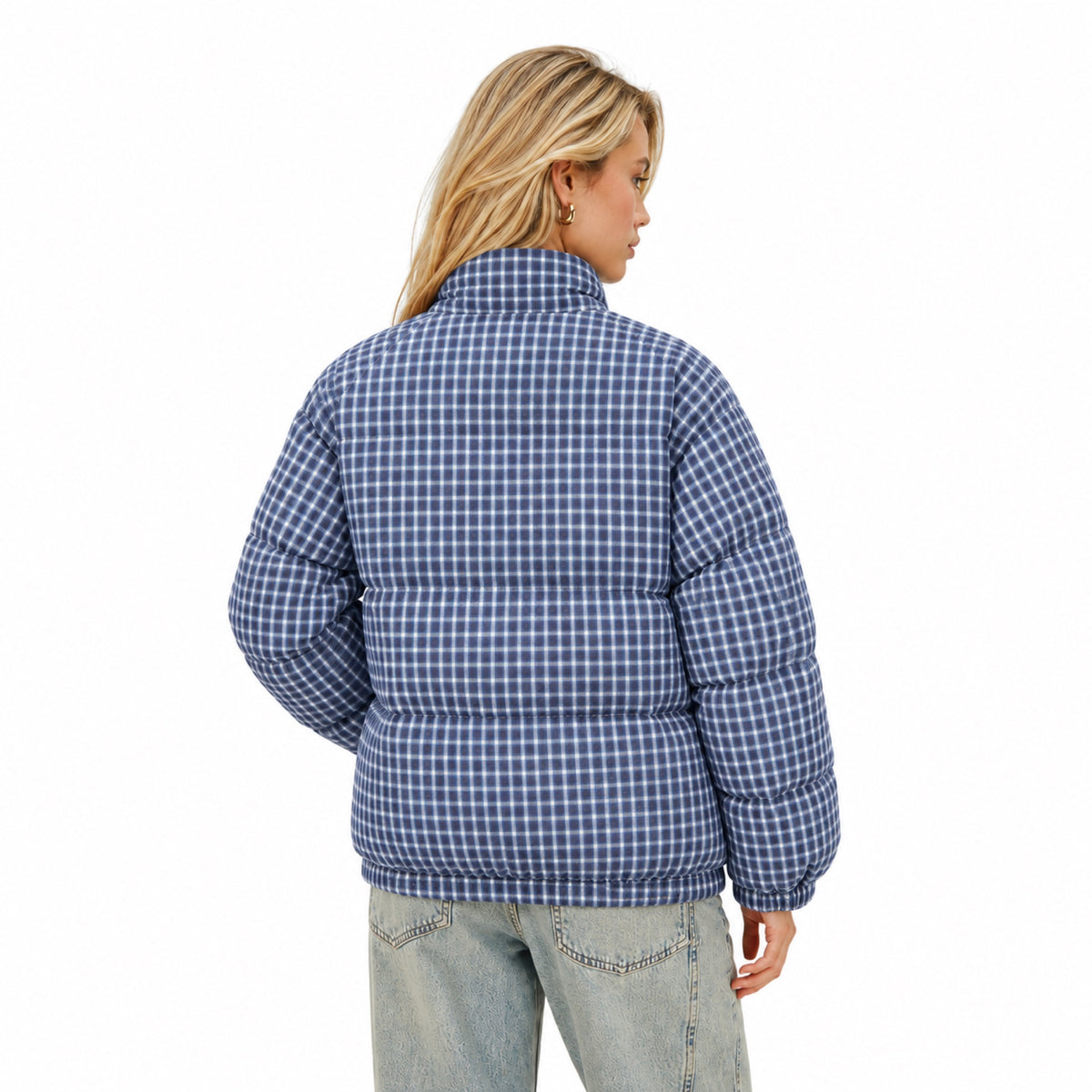 Women's Checked Padded Jacket Funnel Neck Relaxed Fit
