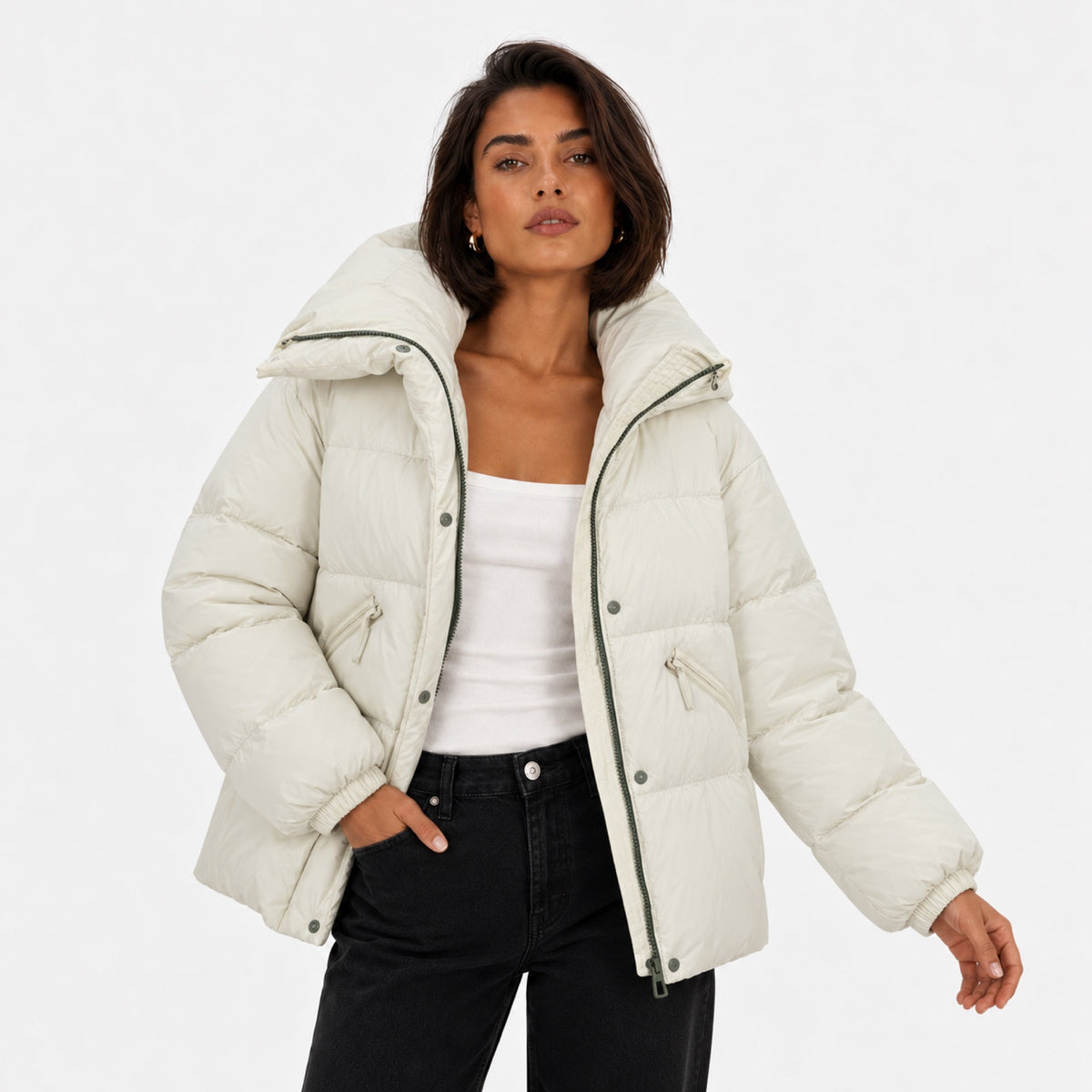 Women's Oversized Hooded Puffer Jacket Contrast Trim Relaxed Fit