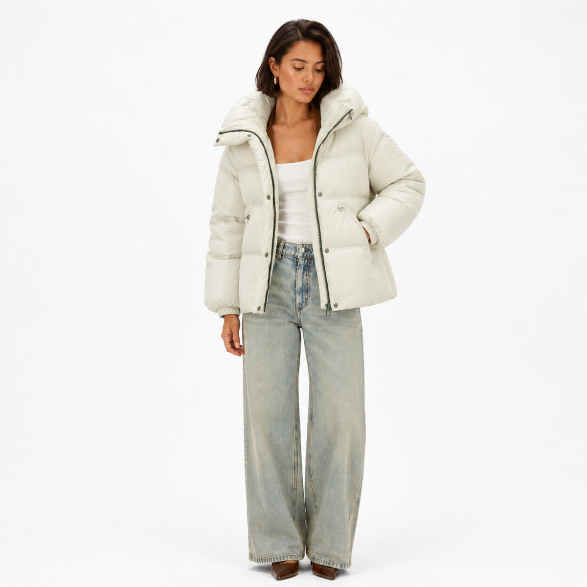 Women's Oversized Hooded Puffer Jacket Contrast Trim Relaxed Fit