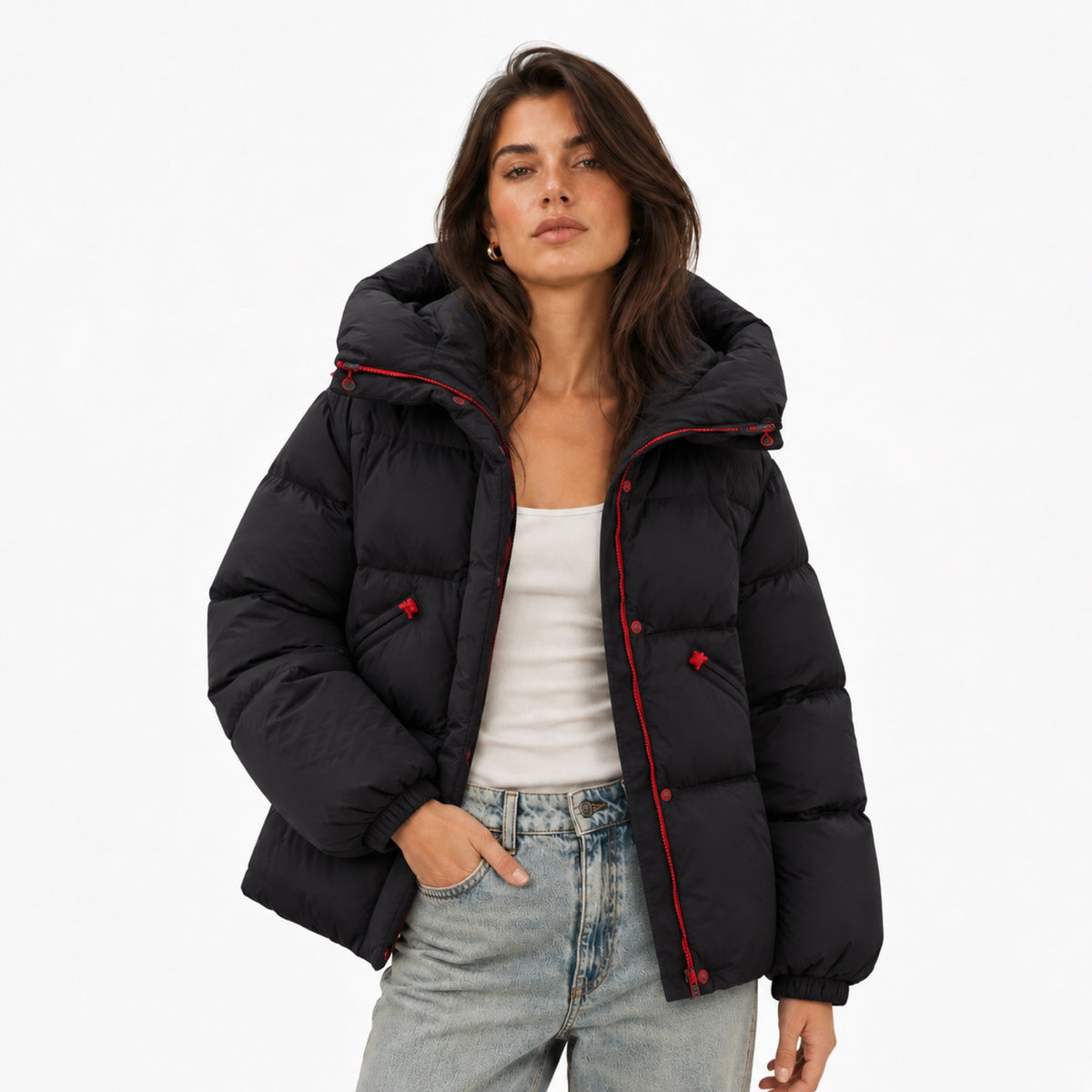 Women's Oversized Hooded Puffer Jacket Contrast Trim Relaxed Fit