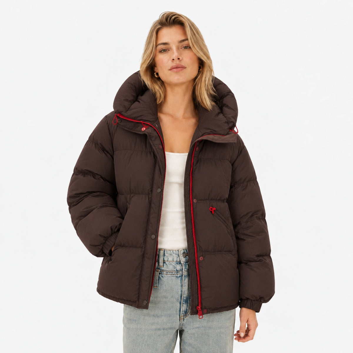 Women's Oversized Hooded Puffer Jacket Contrast Trim Relaxed Fit