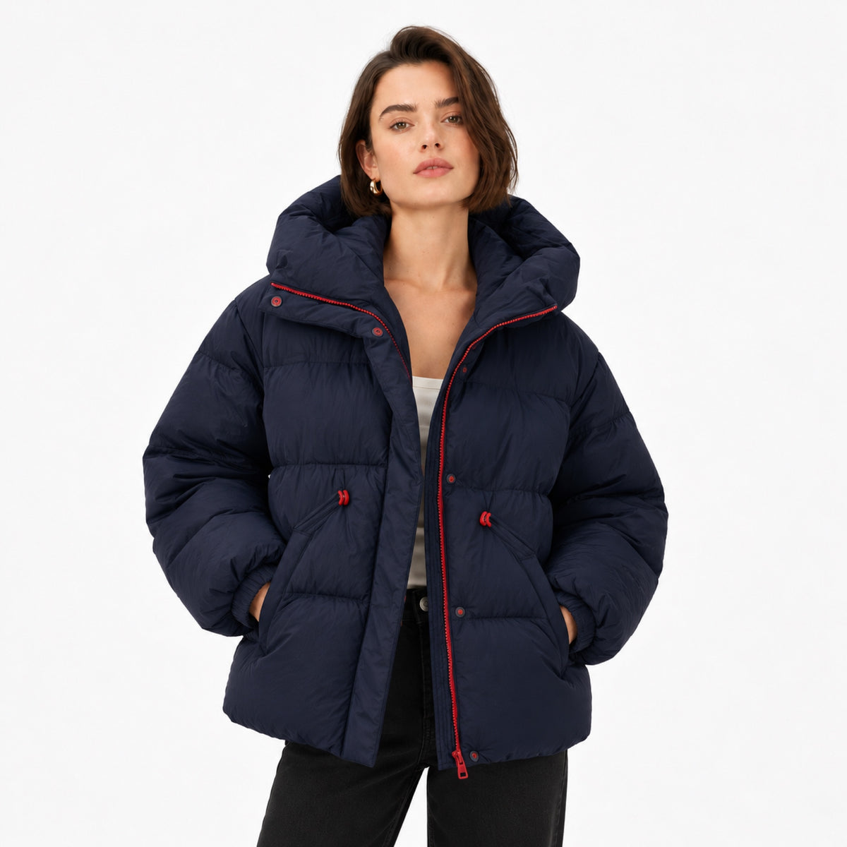 Women's Oversized Hooded Puffer Jacket Contrast Trim Relaxed Fit