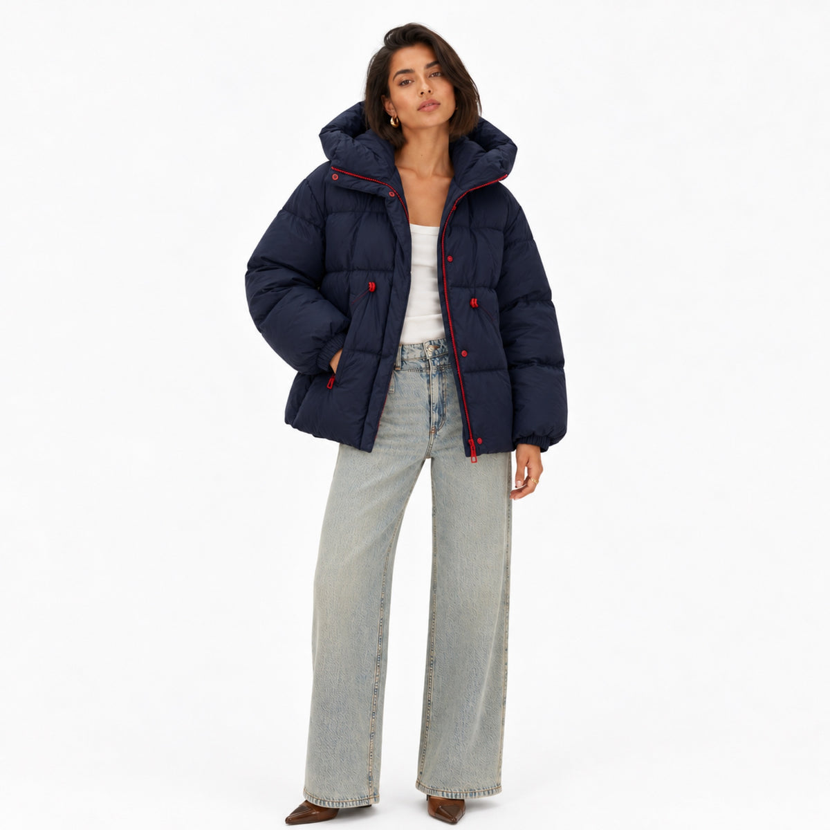 Women's Oversized Hooded Puffer Jacket Contrast Trim Relaxed Fit