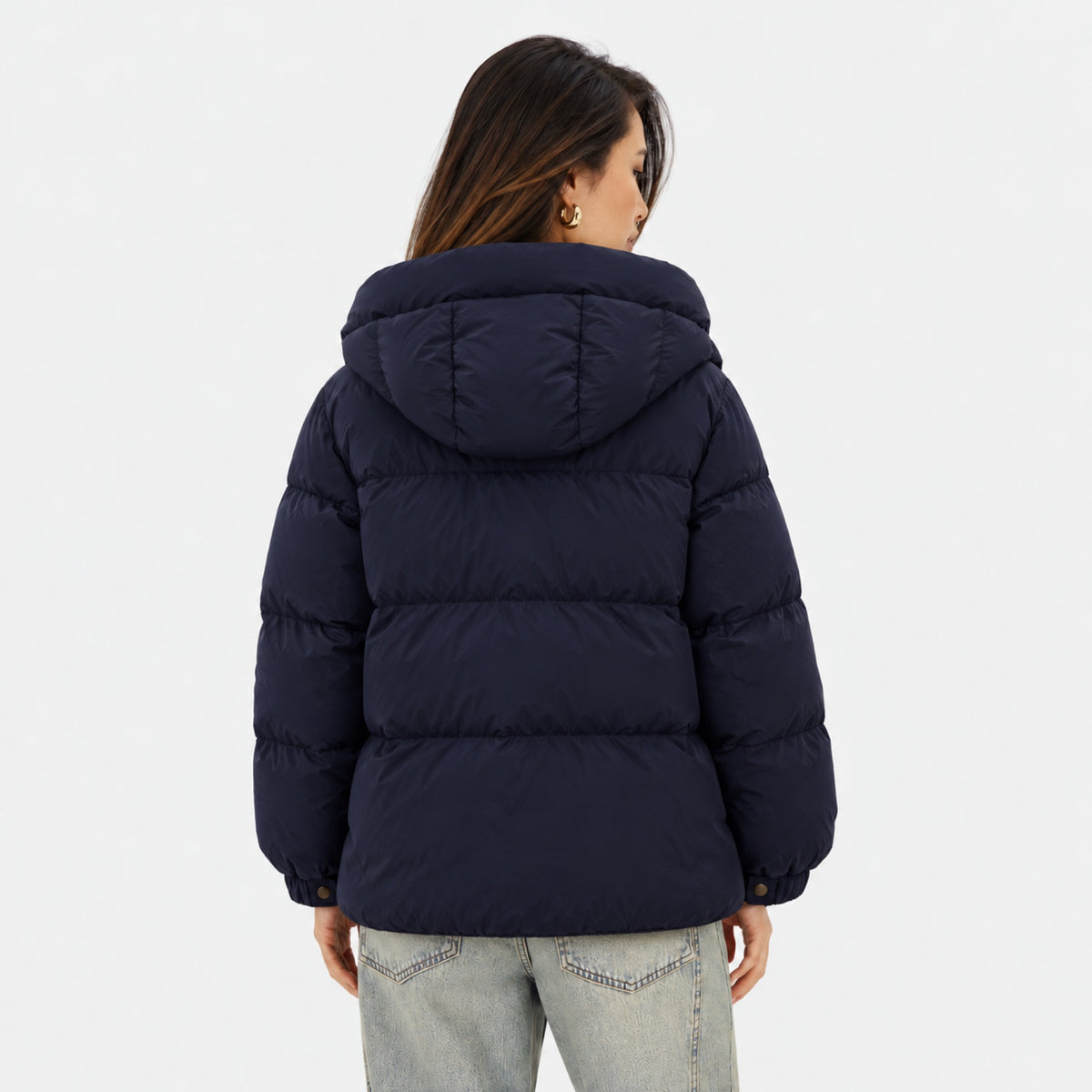 Women's Oversized Hooded Puffer Jacket Contrast Trim Relaxed Fit