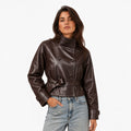 Women's Leather-Look Cropped Jacket High Collar Belted Relaxed Fit