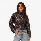 Women's Leather-Look Cropped Jacket High Collar Belted Relaxed Fit