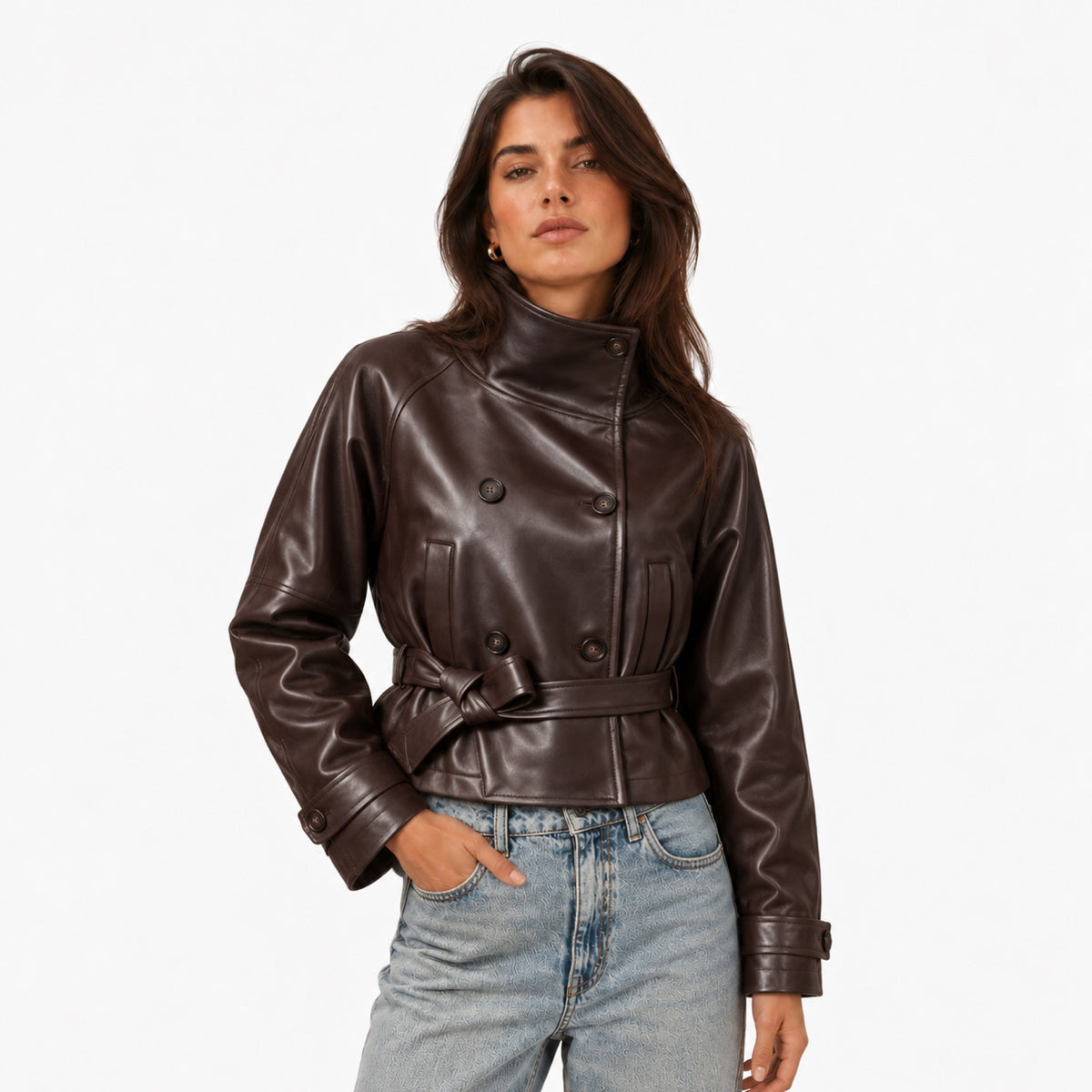 Women's Leather-Look Cropped Jacket High Collar Belted Relaxed Fit