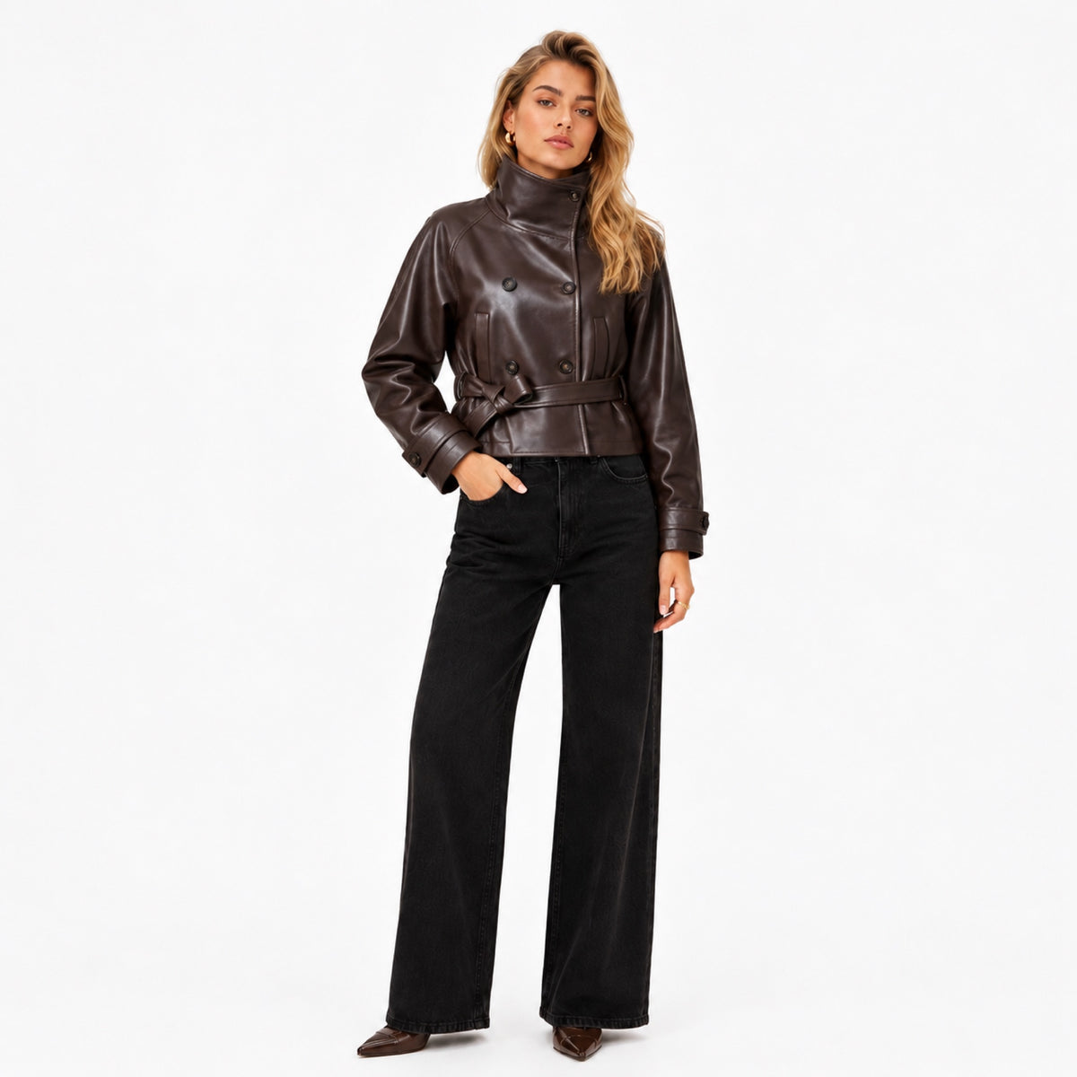 Women's Leather-Look Cropped Jacket High Collar Belted Relaxed Fit