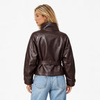 Women's Leather-Look Cropped Jacket High Collar Belted Relaxed Fit