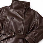 Women's Leather-Look Cropped Jacket High Collar Belted Relaxed Fit