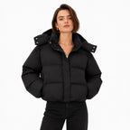 Women's Cropped Hooded Puffer Jacket Snap Front Relaxed Fit