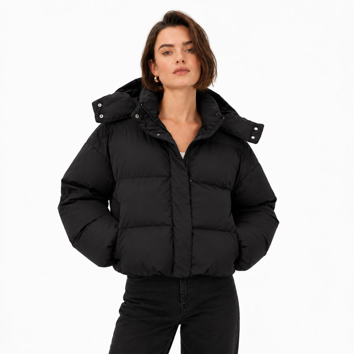 Women's Cropped Hooded Puffer Jacket Snap Front Relaxed Fit