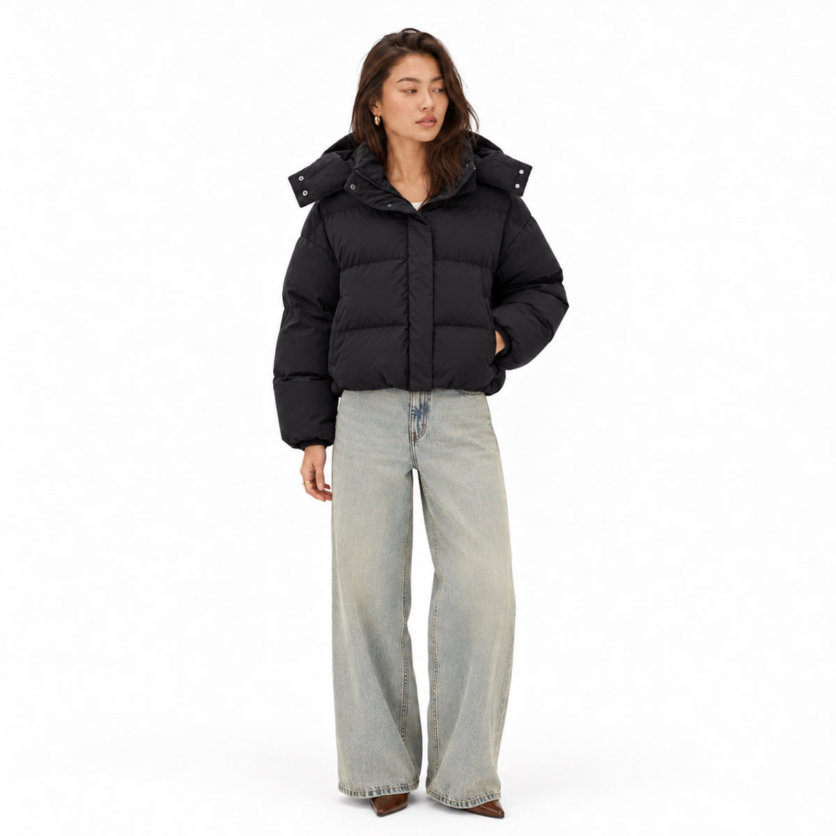 Women's Cropped Hooded Puffer Jacket Snap Front Relaxed Fit