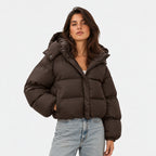 Women's Cropped Hooded Puffer Jacket Snap Front Relaxed Fit