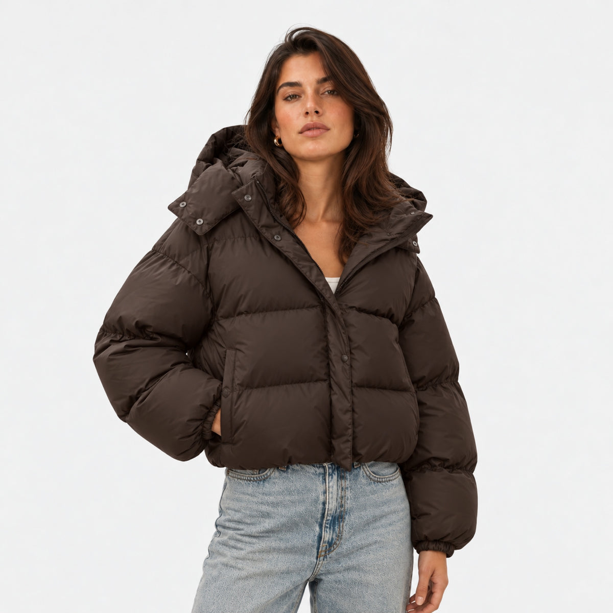 Women's Cropped Hooded Puffer Jacket Snap Front Relaxed Fit