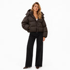 Women's Cropped Hooded Puffer Jacket Snap Front Relaxed Fit