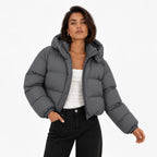 Women's Cropped Hooded Puffer Jacket Snap Front Relaxed Fit