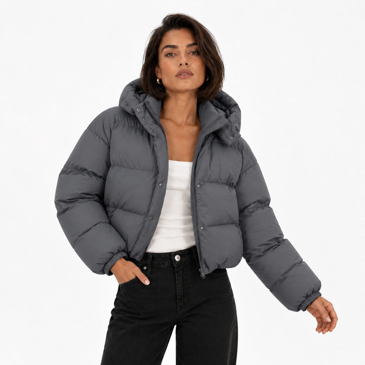 Women's Cropped Hooded Puffer Jacket Snap Front Relaxed Fit