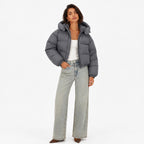 Women's Cropped Hooded Puffer Jacket Snap Front Relaxed Fit