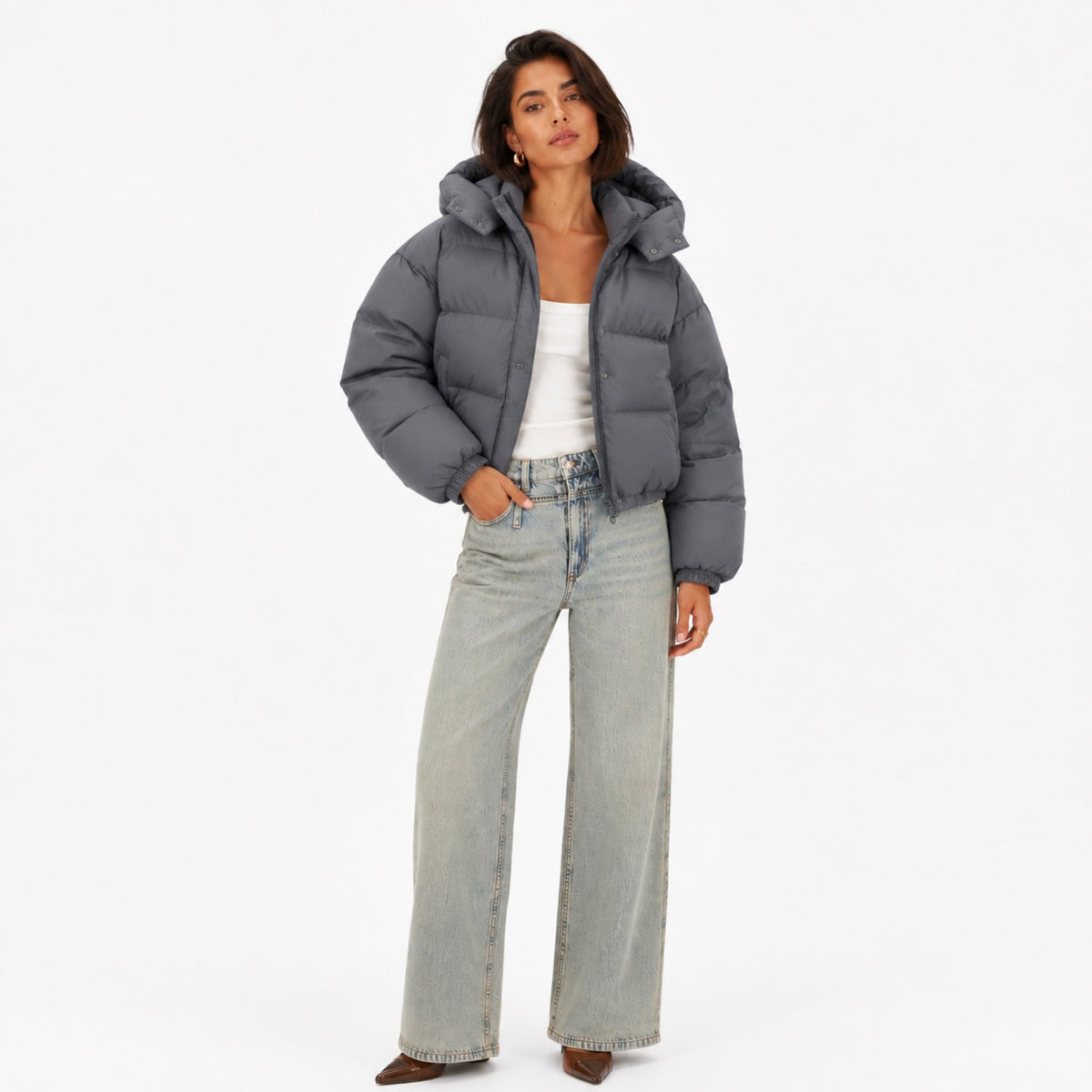 Women's Cropped Hooded Puffer Jacket Snap Front Relaxed Fit