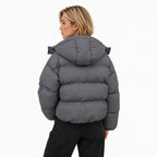 Women's Cropped Hooded Puffer Jacket Snap Front Relaxed Fit