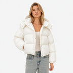 Women's Cropped Hooded Puffer Jacket Snap Front Relaxed Fit