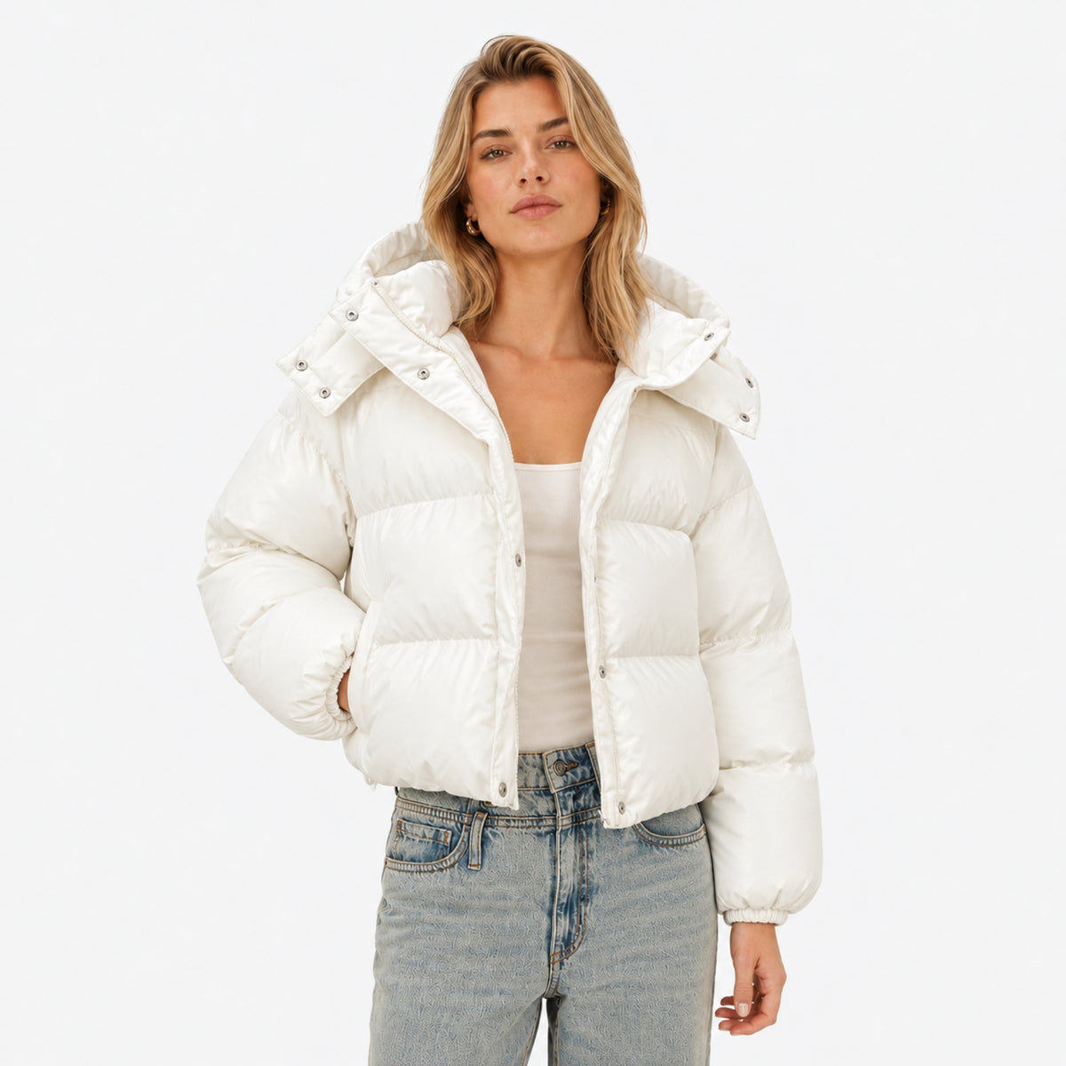 Women's Cropped Hooded Puffer Jacket Snap Front Relaxed Fit