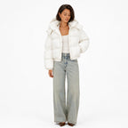 Women's Cropped Hooded Puffer Jacket Snap Front Relaxed Fit