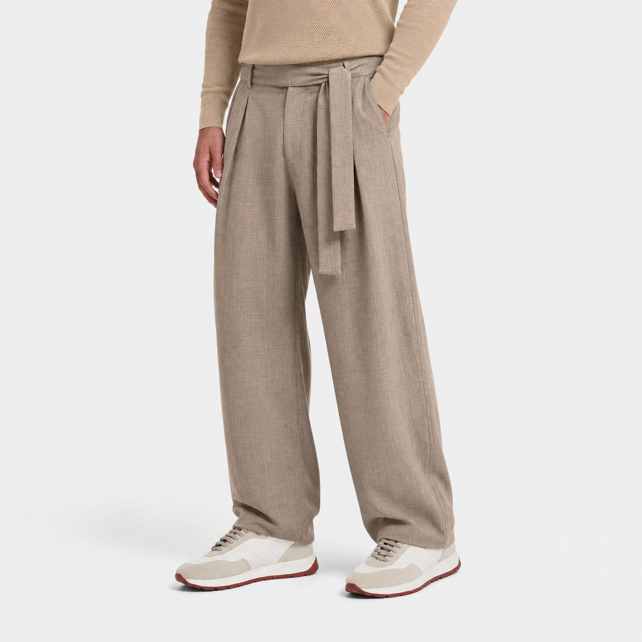 Khaki men's wide-leg pleated trousers front view