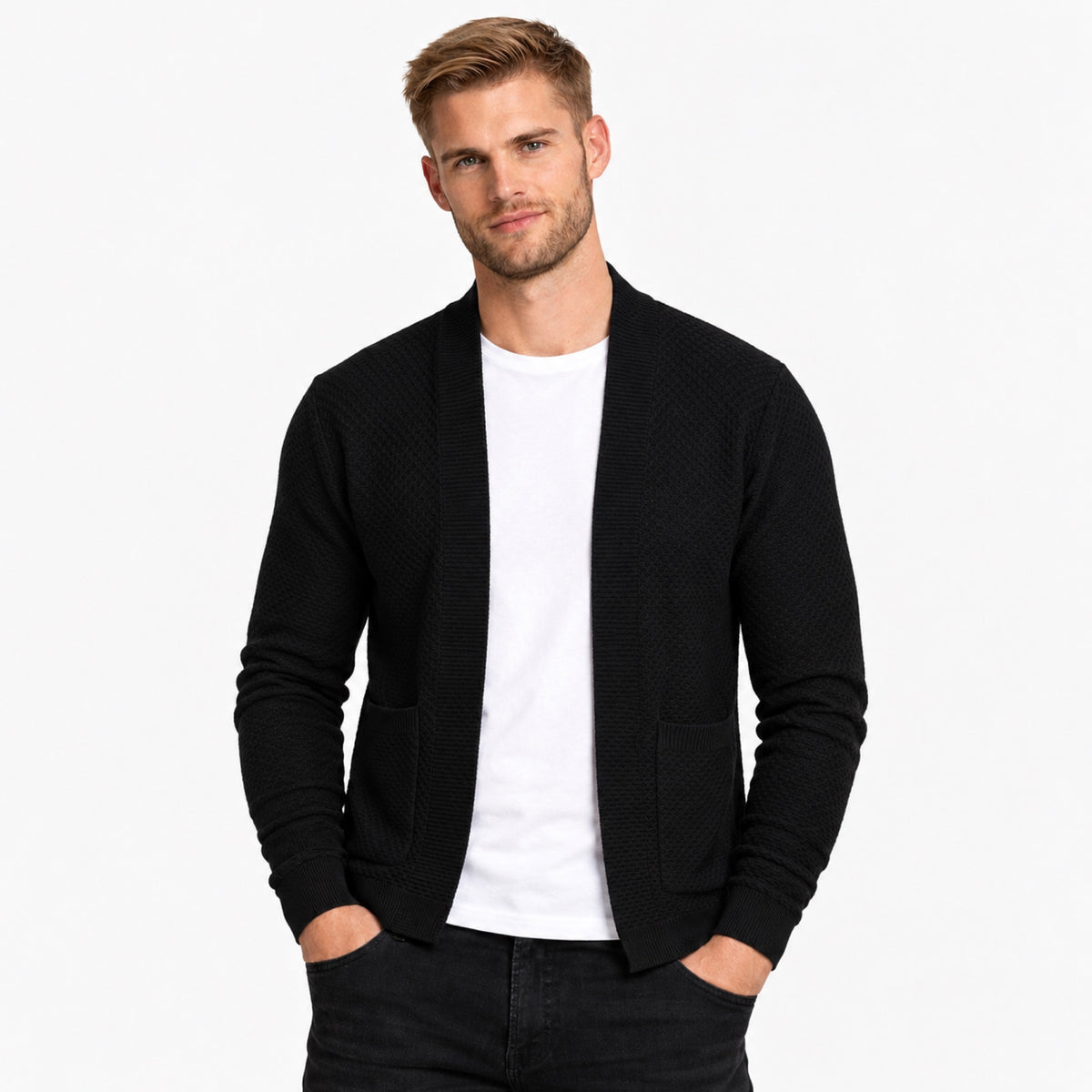 Men’s Textured Open-Front Cardigan Patch Pockets Relaxed Fit