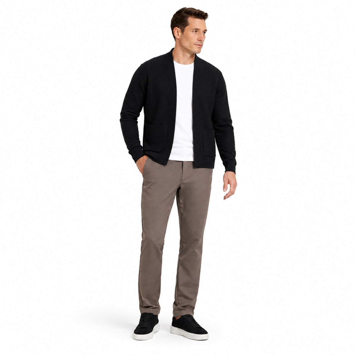 Men’s Textured Open-Front Cardigan Patch Pockets Relaxed Fit