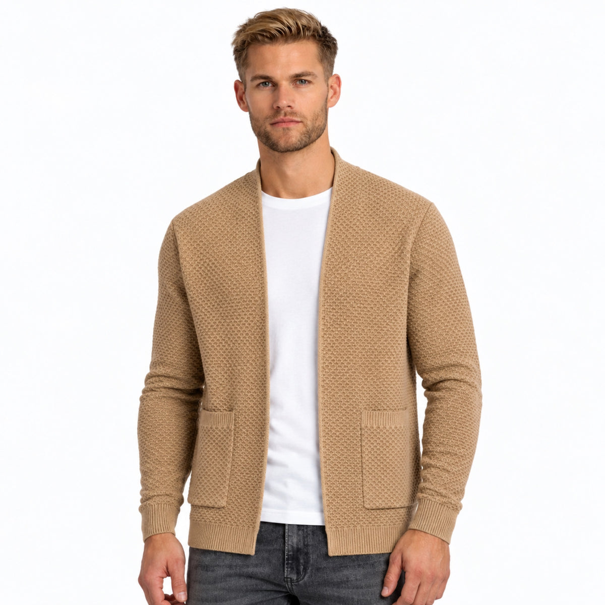 Men’s Textured Open-Front Cardigan Patch Pockets Relaxed Fit